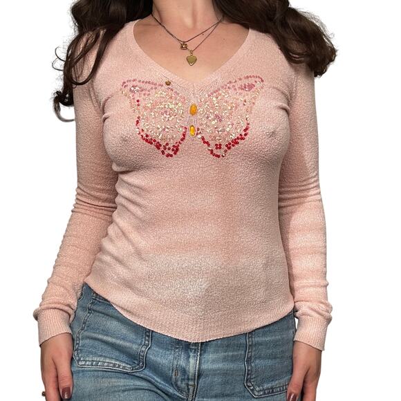 Vintage Moda Intl Soft Stretchy Angora Blend Pink Butterfly Sequin Sweater - Picture 1 of 7